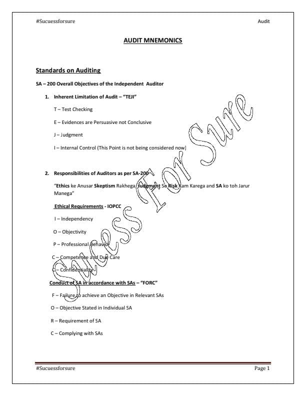 First page of Audit nemonics