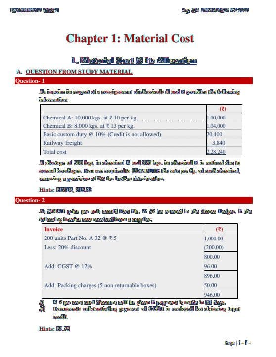 First page of Material Cost By CA Prakash Patel