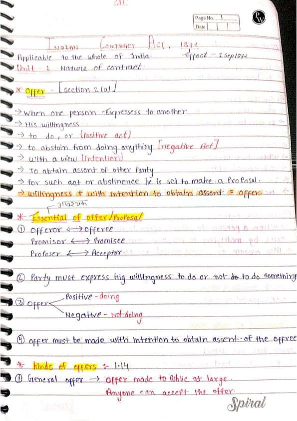 First page of Indian contract act..... Pw handwritten notes