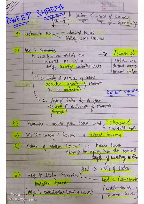 First page of World's best economics chapter 1 notes unit 1,2