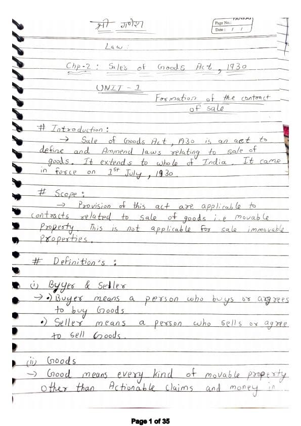 First page of Sales of goods act 1930 notes