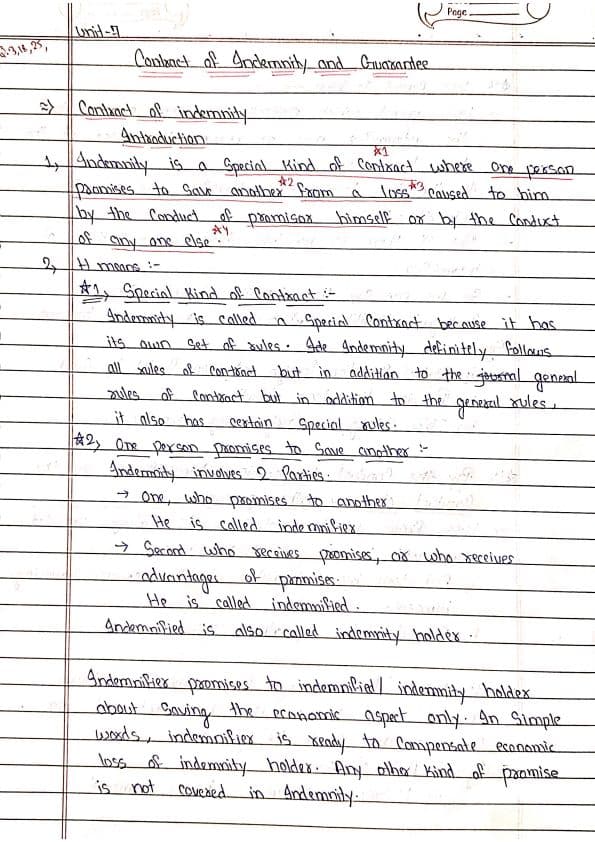 First page of Ca foundation...Law... Contract act,1872....UNIT-7 Hand written notes Detailed notes 🙃