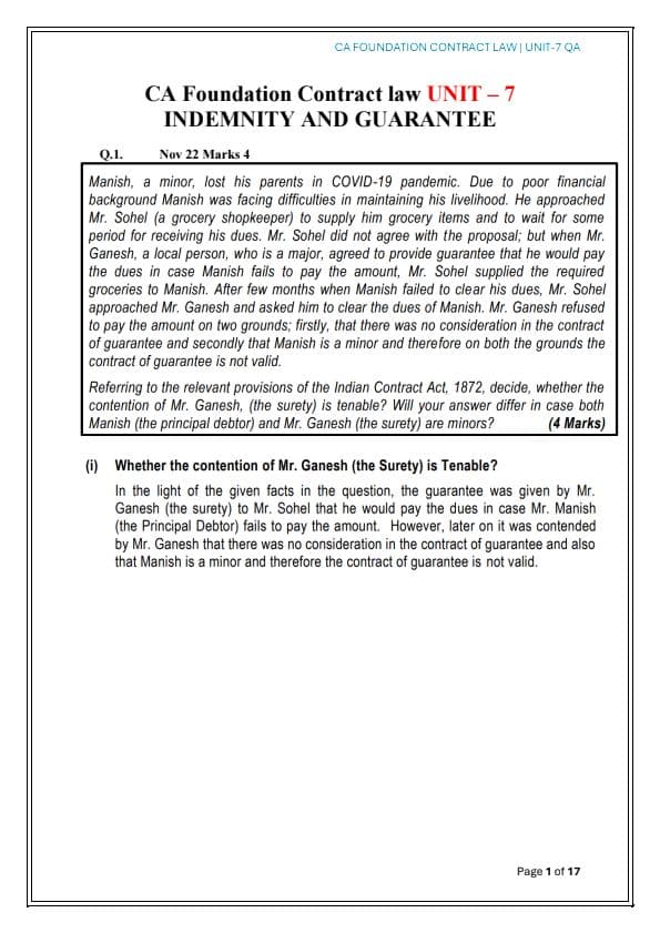 First page of Ca foundation Indian contract act 1872, UNIT-7 PYQ AND MTP, RTP 🙃