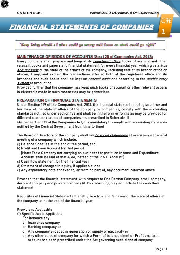 First page of Notes of financial statements of company Advance accounts by CA Nitin Goel sir