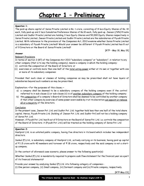 First page of Corporate and other laws questions Bank by CA Shubham Singhal