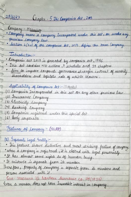 First page of Companies Acts Notes with Section Summary