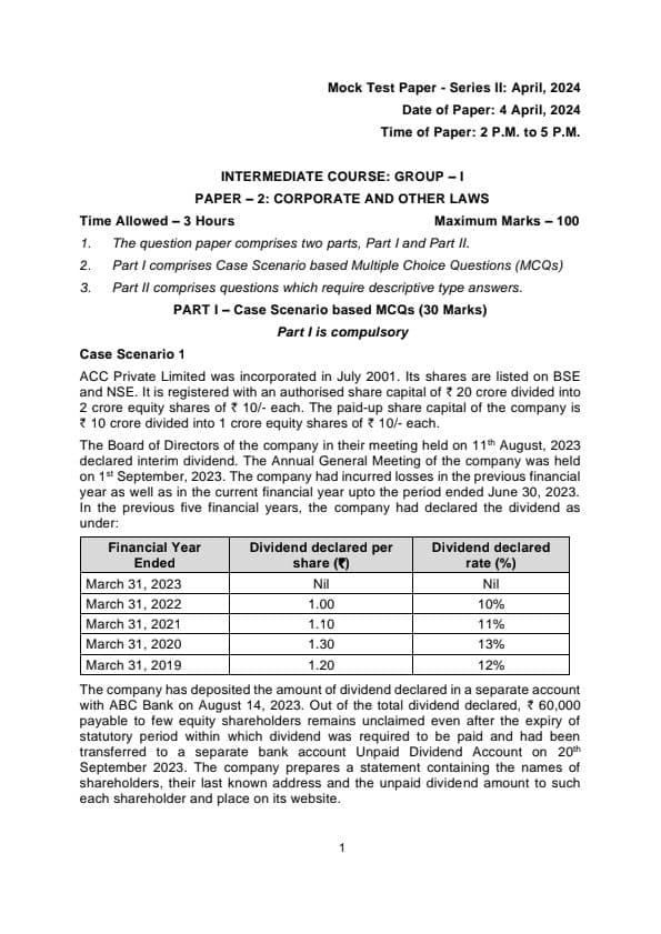 First page of MTP Series-II Paper-2 Corporate Law and Other Laws Relevant for May-24 and onwards