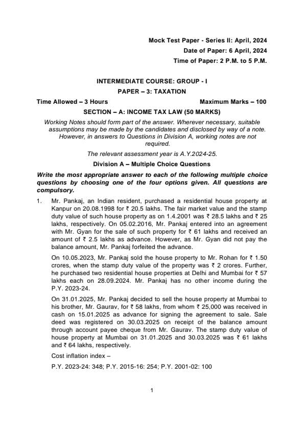 First page of MTP SERIES-II Paper-3 Taxation Relevant for May-24 and onwards