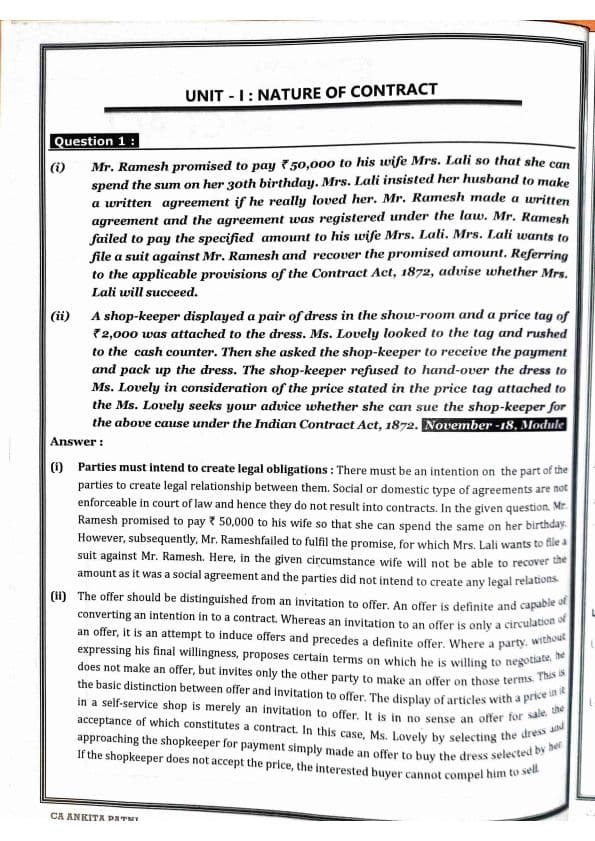 First page of Contract act 1872 by CA ANKITA PATNI QUESTION BANK