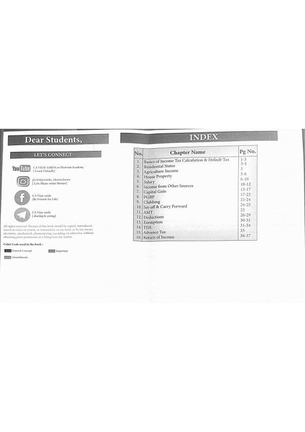 First page of Summary chart of all topics of Income tax by CA Vijay sarda