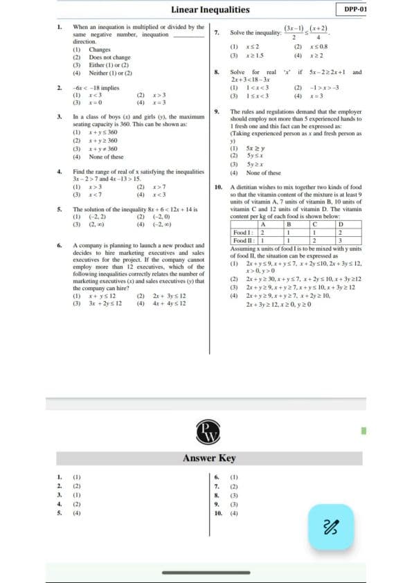 First page of Quantitative aptitude Linear equalities practice questions