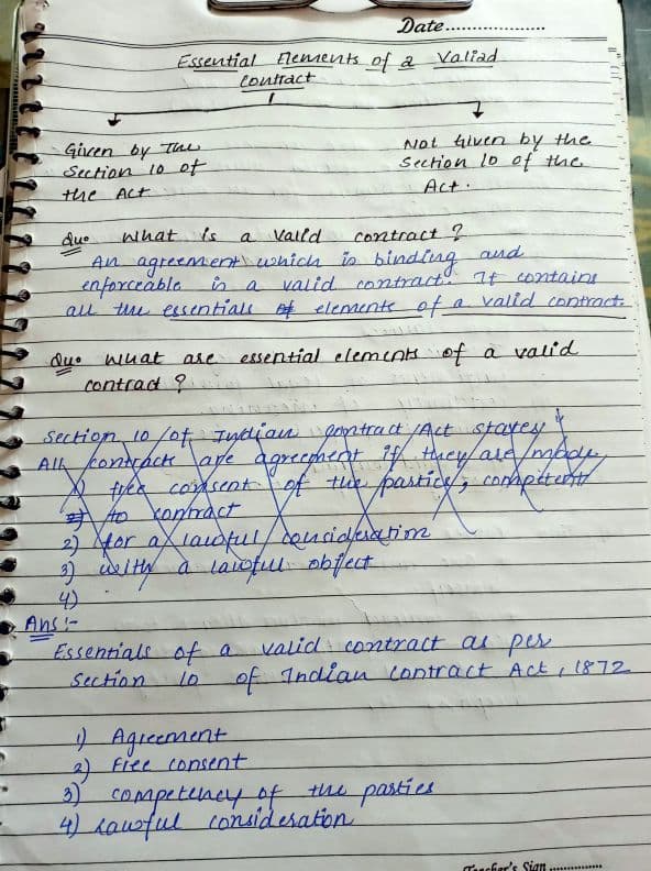 First page of ICA,1872 WHAT ARE THE ESSENTIALS OF A VALID CONTRACT- i) given by section 10 ii) not given by section 10 ?