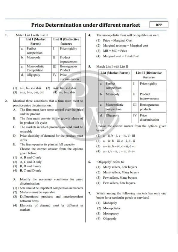 First page of Economics Price determination in different market Practice questions