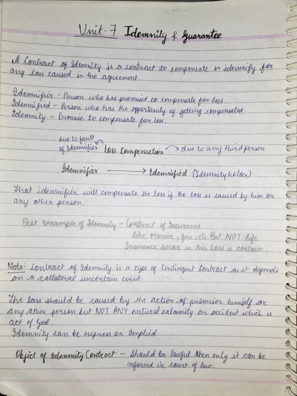 First page of Unit-7 INDEMNITY and GUARANTEE- Notes Special contracts (Indian Contract Act)
