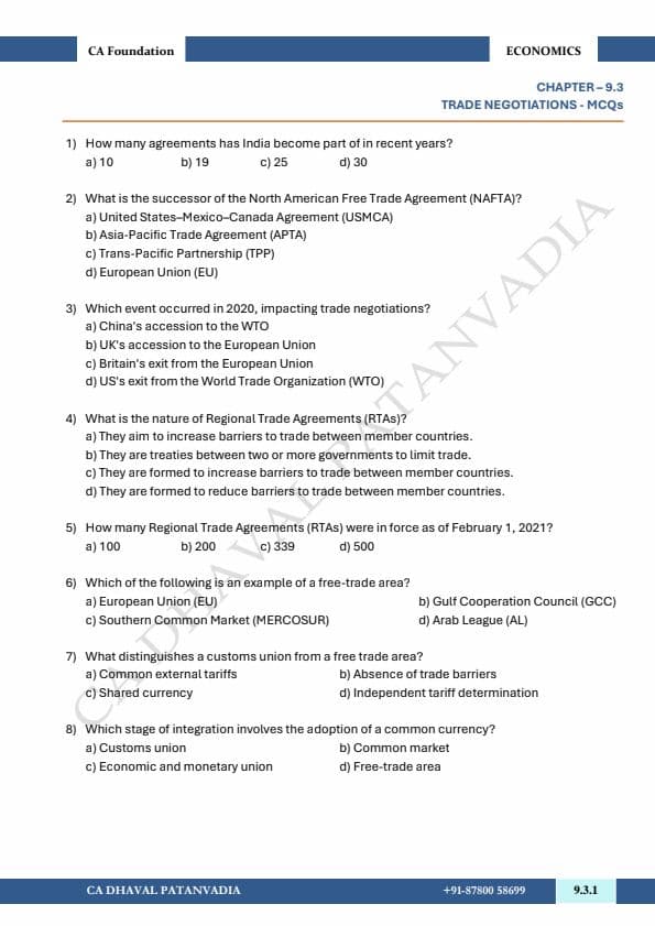 First page of Chepter 9, international trade Unit 3 MCQs. Practice questions and important questions.