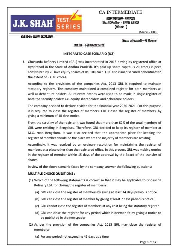 First page of CA intermediate law test-1 by jk shah classes B.O.L.