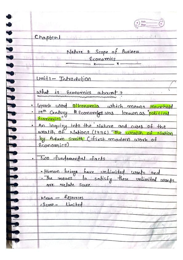 First page of Economics hand written notes