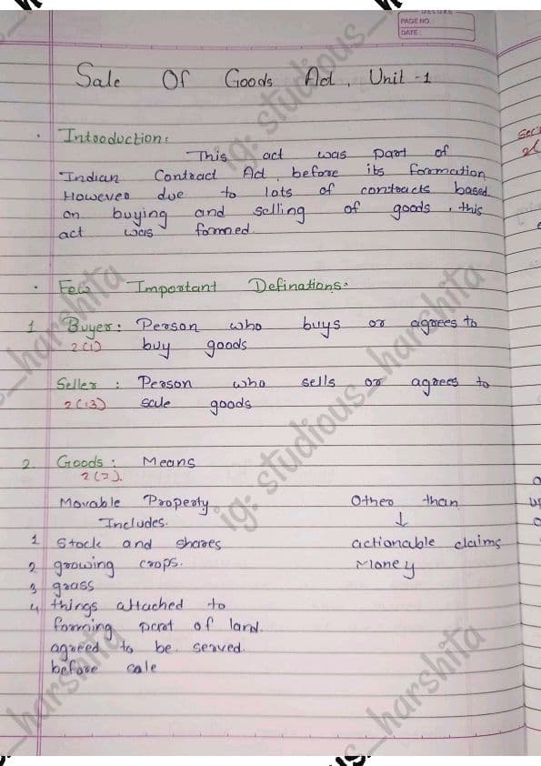 First page of Business Law Chapter The Sale of Goods Act Handwritten Notes 💯📚