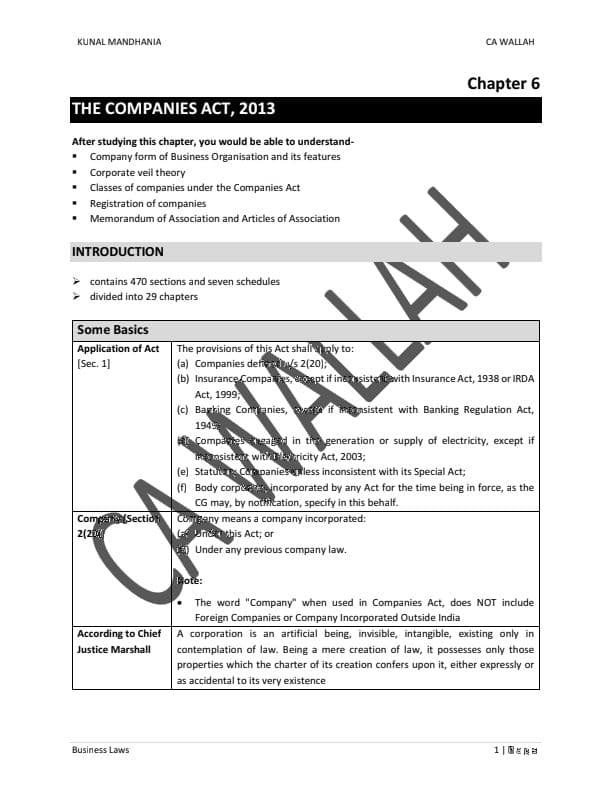 First page of Companies Act 2013 Notes by Kunnal mandhaia sir (For September and January 2024)