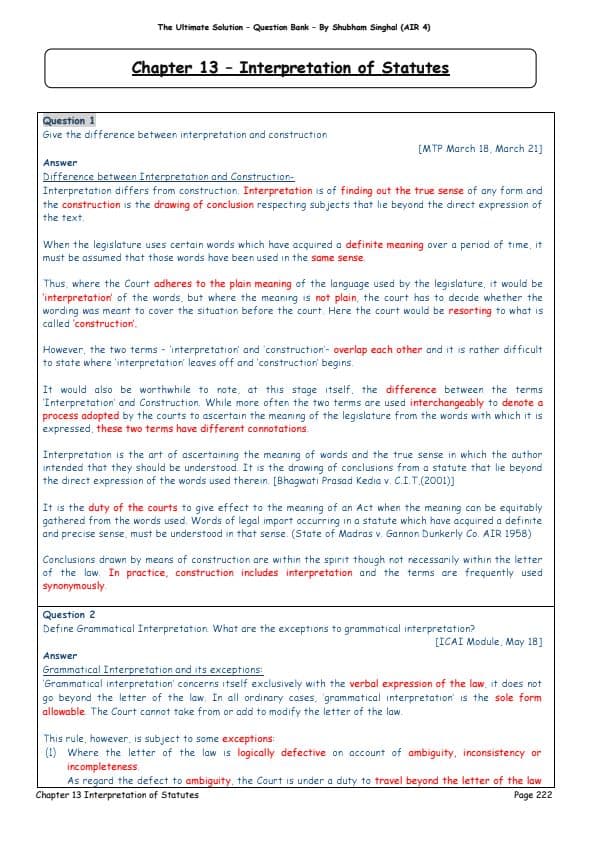 First page of INTERPRETATION of STATUTES QUESTION LIST