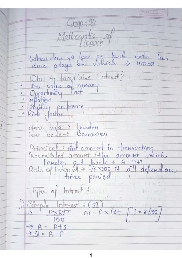 First page of Mathematics of finance handwritten notes