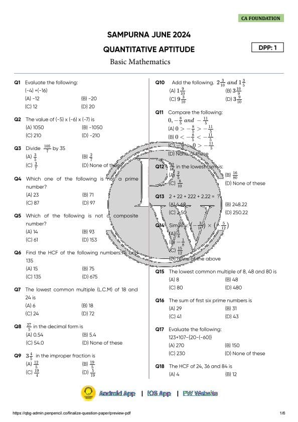 First page of PW Quantity Aptitude DPP