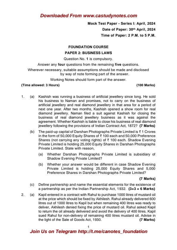 First page of Business Laws June 24 MOCK TEST -1 ( Question paper )