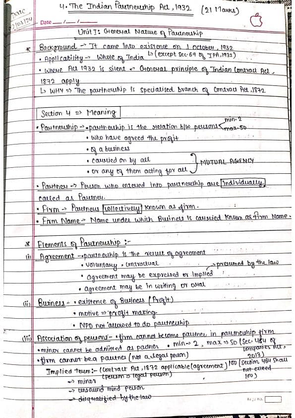 First page of Notes of The Indian Partnership Act,1932 : )