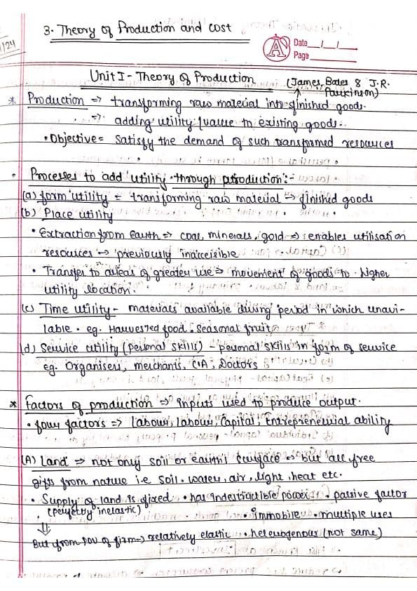 First page of Notes of Theory of Production & Cost : )