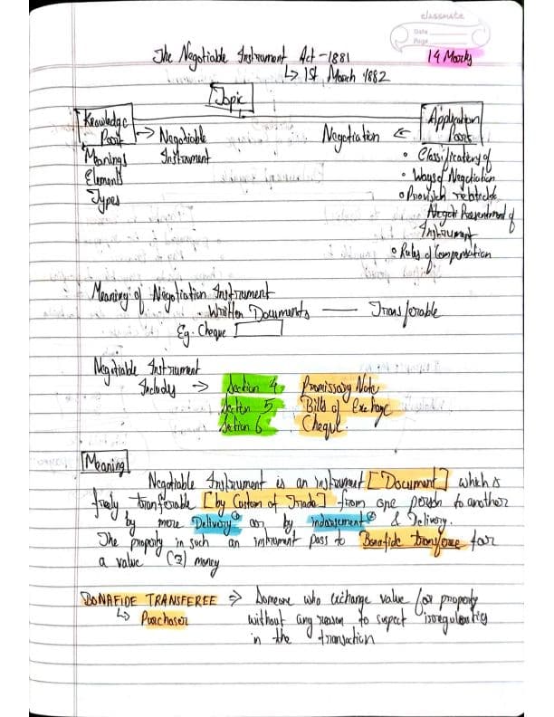 First page of Negotiable Instruments Act 1881 Hand written notes. Easy to remember.