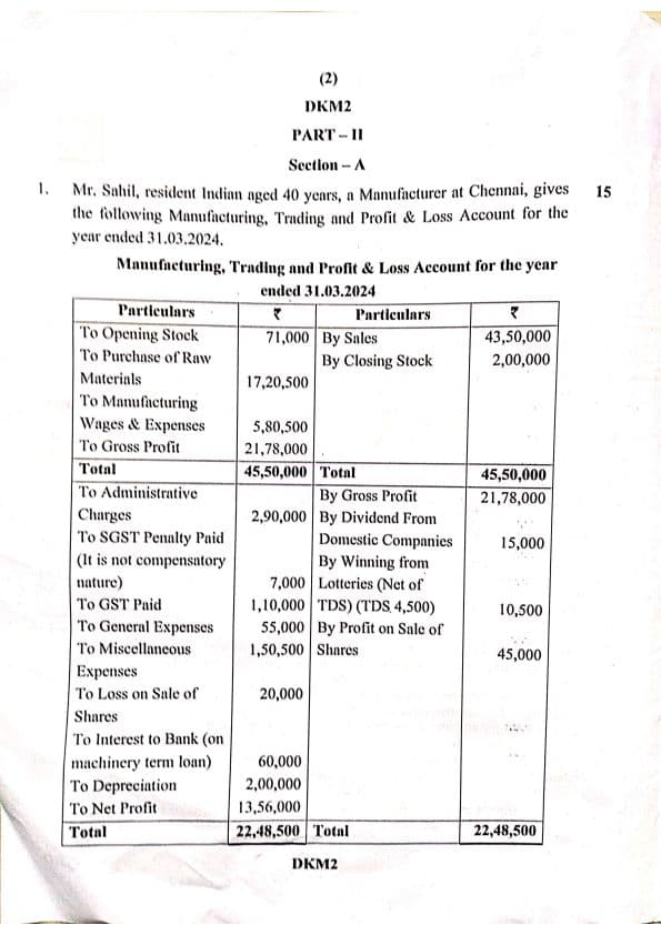 First page of Inter TAXATION question paper MAY 2024