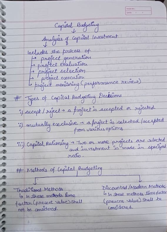 First page of Capital Budgeting Handwritten notes