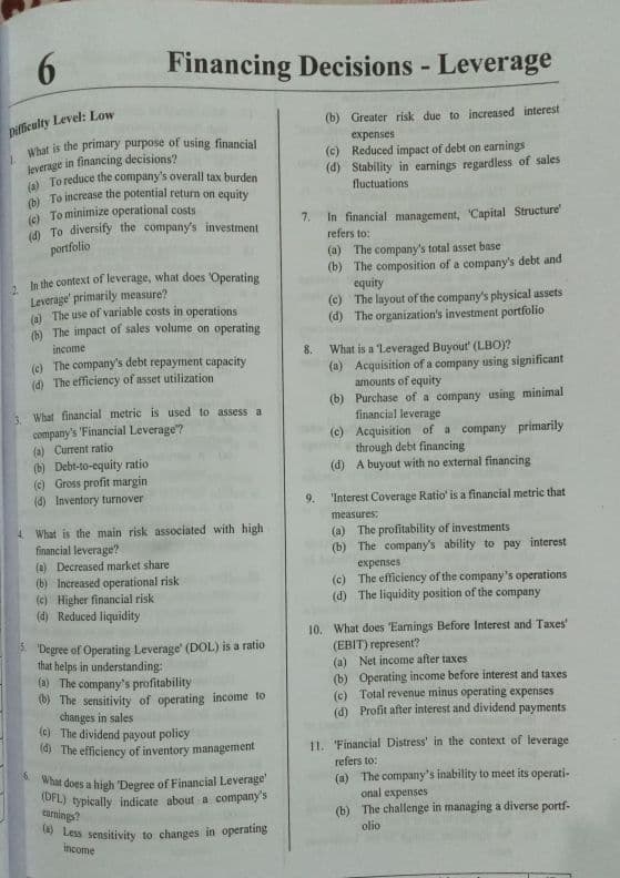 First page of Practice MCQ'S for leverage DM for the answer key