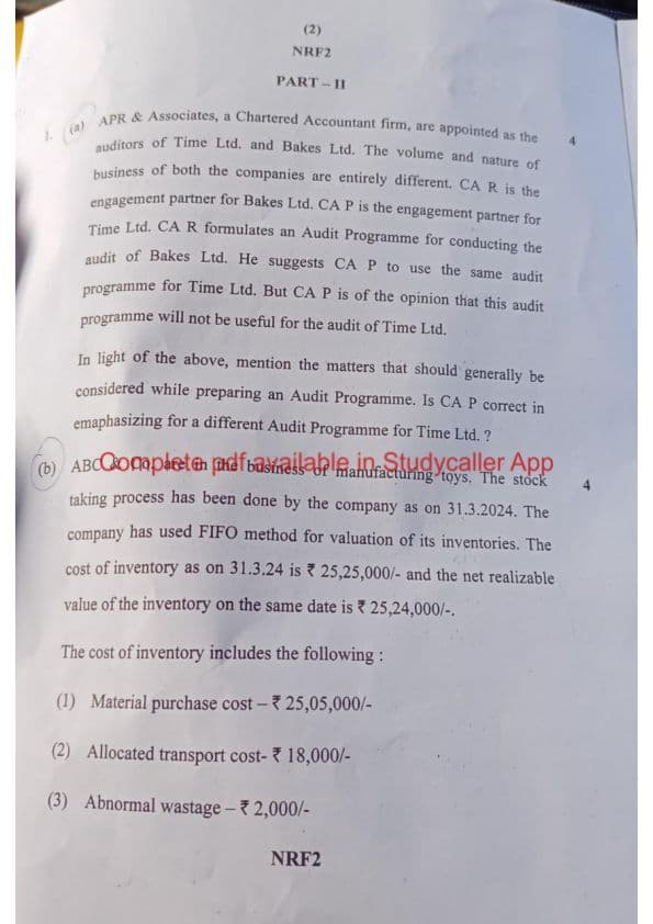 First page of CA INTER AUDITING & ETHICS QUESTIONS PAPER MAY 24