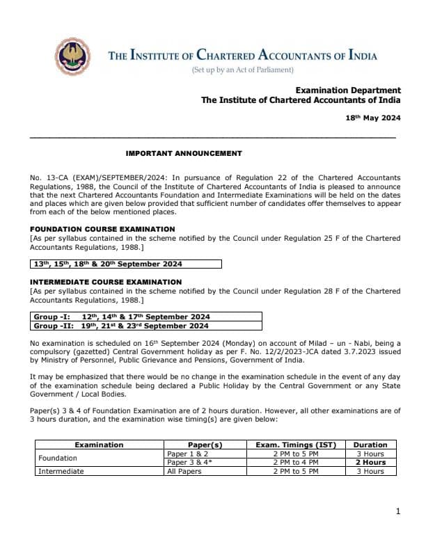 First page of Official date sheet issued by ICAI for September 2024 exam
