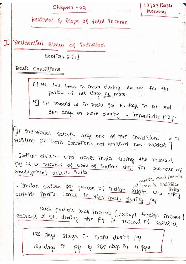 First page of Handwritten Notes-CA inter-Income tax 2. Residential status