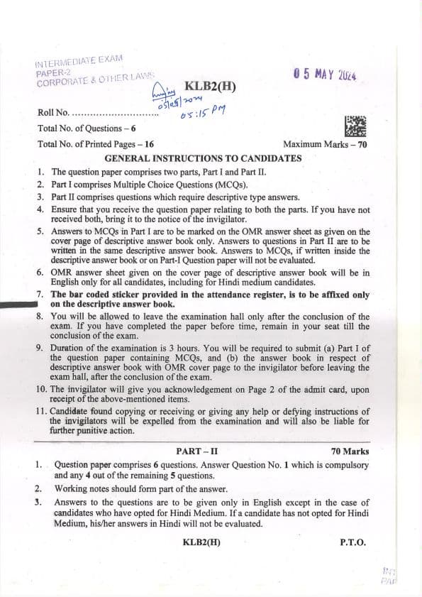 First page of CA Intermediate Corporate And Other Laws May 2024 question paper