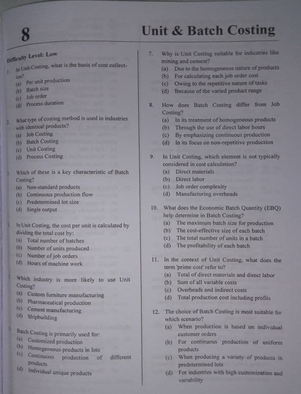 First page of MCQ'S for unit and batch costing Dm me for the answer key