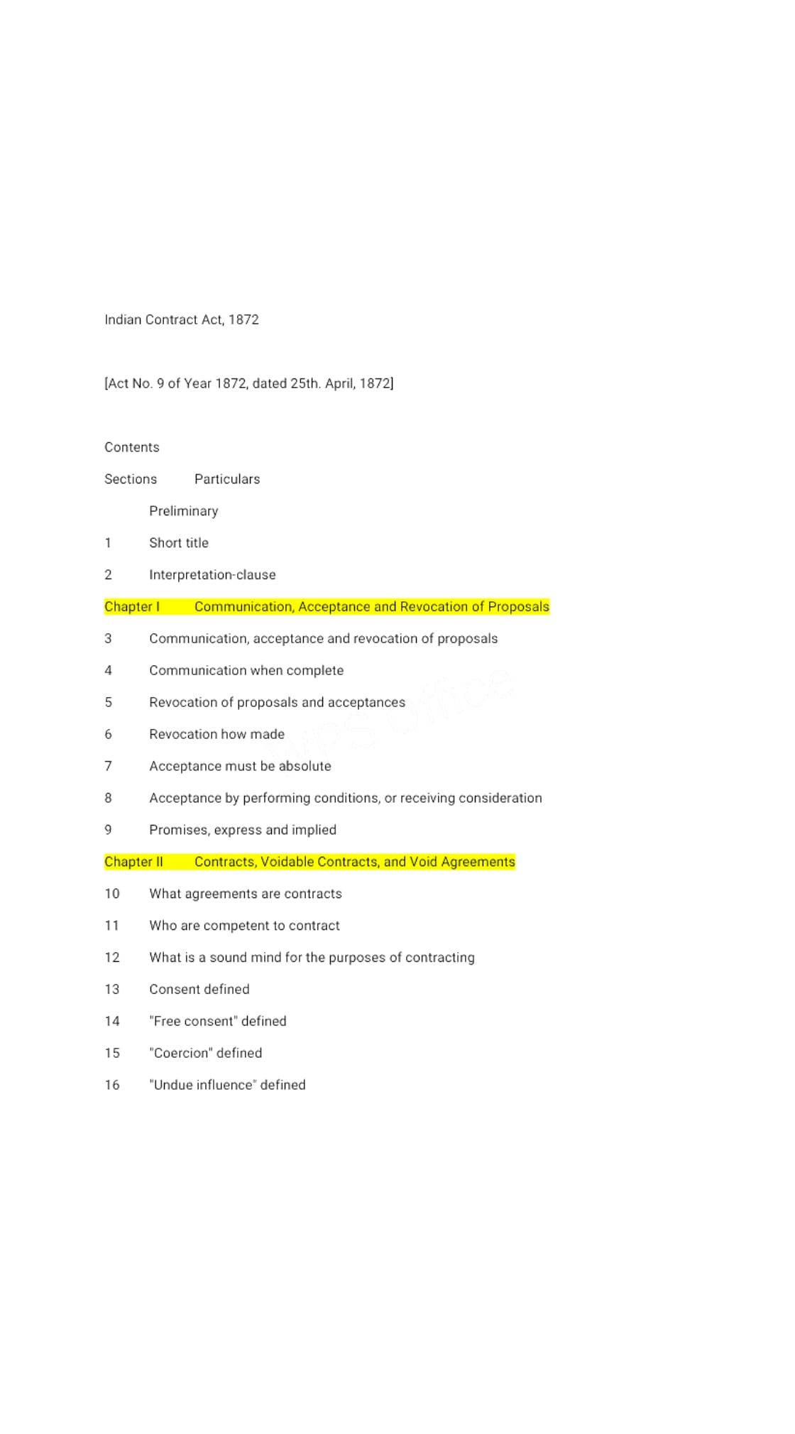 First page of Indian contact act only sections for revision