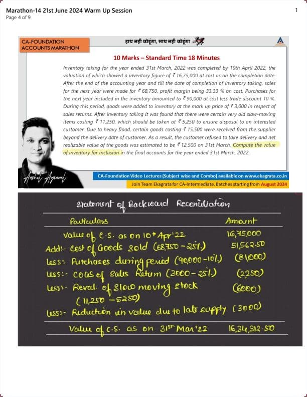 First page of Exam Day Warmup session by anshul sir with solutions (ekagrata ca) (Accounts)