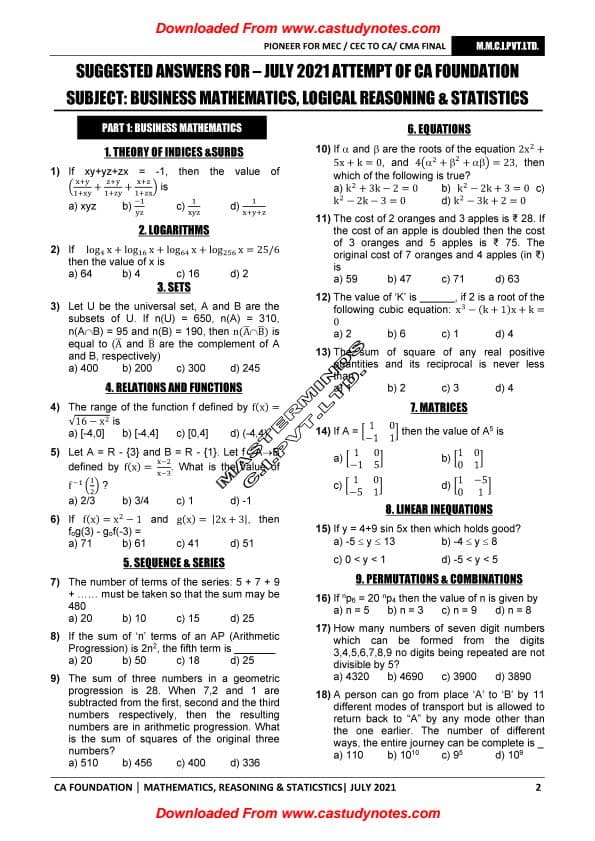 First page of Questions