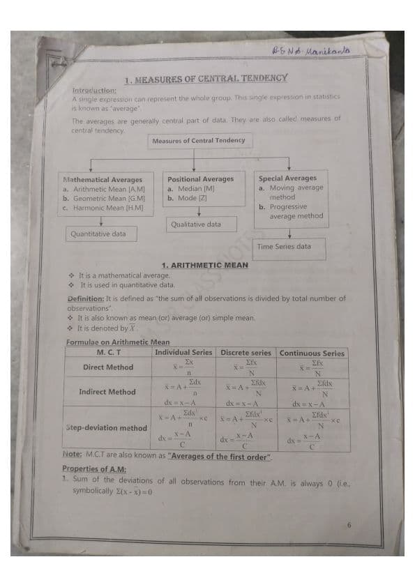 First page of Measures of central tendency and dispersion formulas