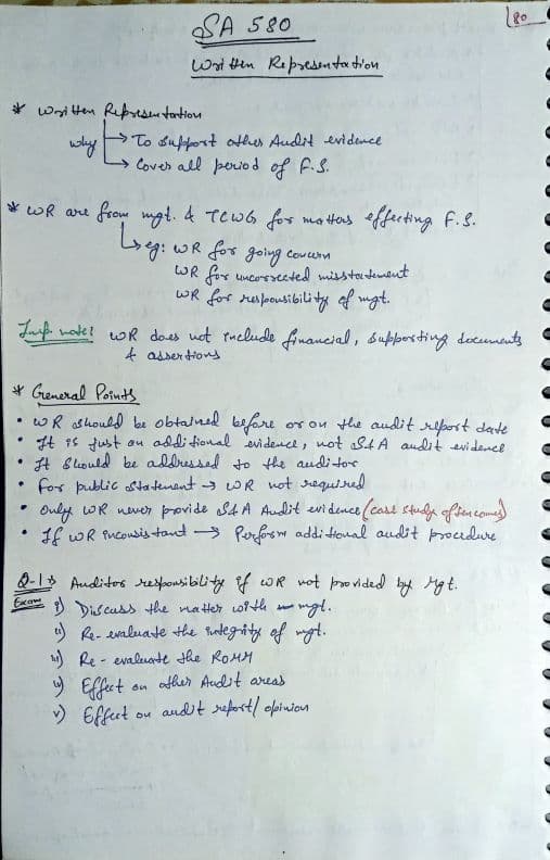 First page of CA Inter Audit SA 580 Handwritten notes