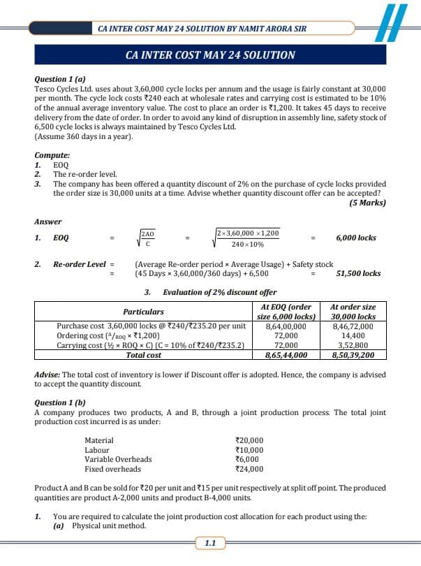 First page of CA INTERMEDIATE COST AND MANAGEMENT ACCOUNTING MAY 2024 EXAM SUGGESTED ANSWER BY CA NAMIT ARORA