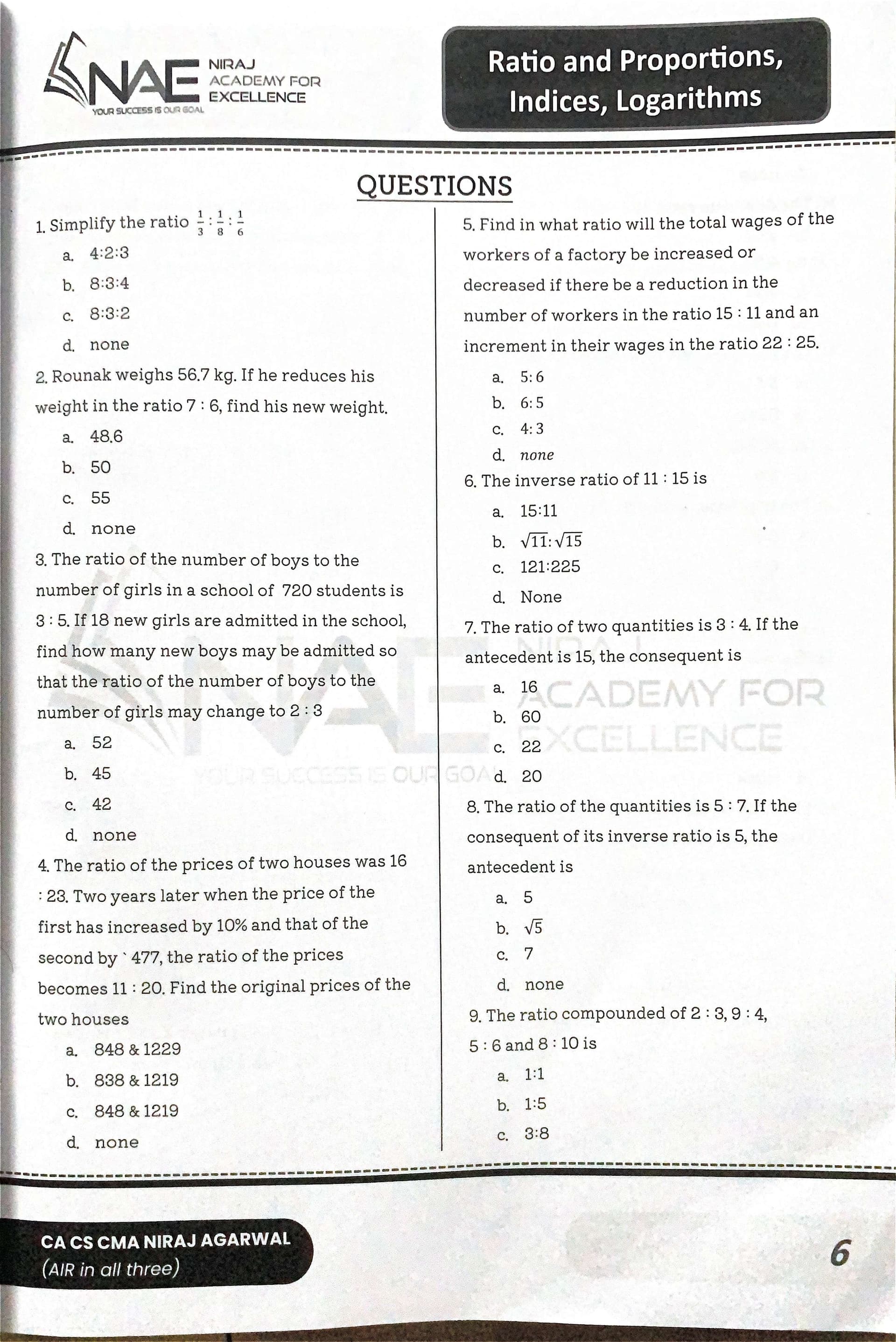 First page of Ratio Proportions practice questions