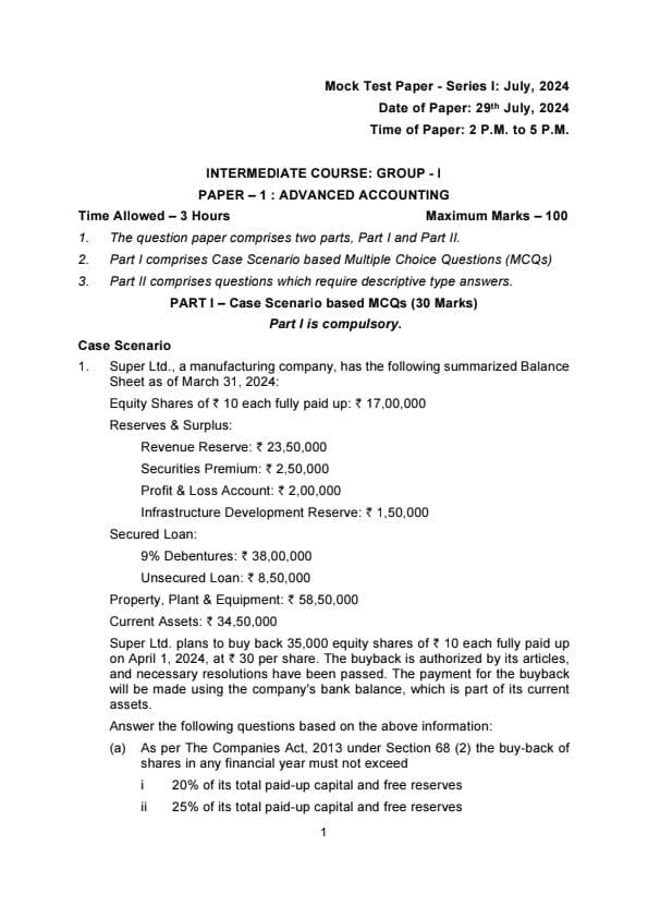First page of MTP Series 1 29 july 2024 Advanced Accounting Question paper