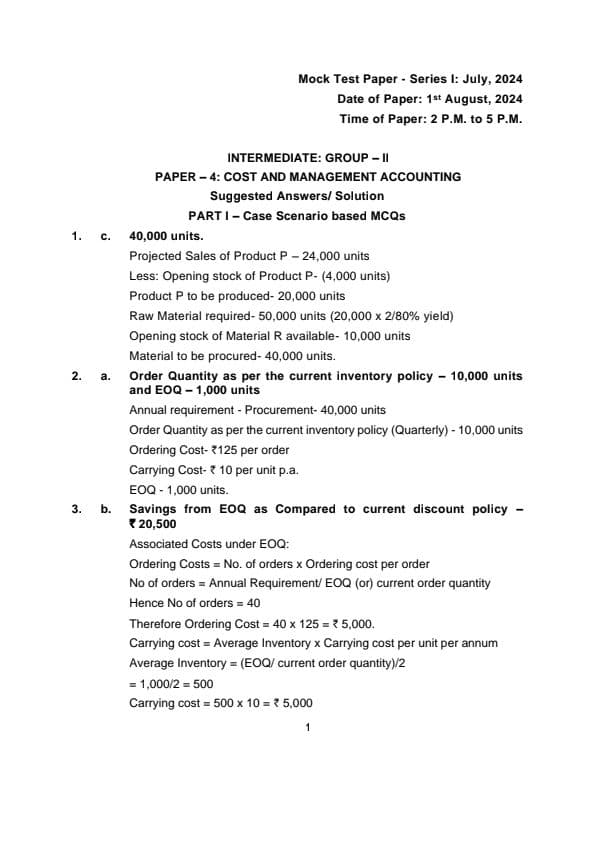 First page of MTP Series 1 1 aug 2024 Cost and management accounting Suggested answers/solutions