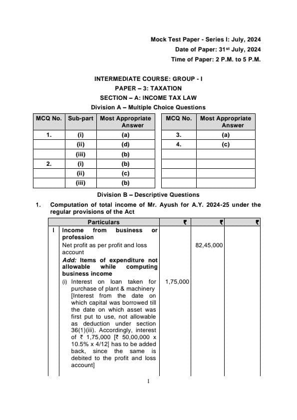 First page of MTP Series 1 31 july 2024 Taxation Suggested answers/solutions
