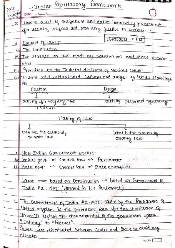 First page of B.law Indian Regulatory framework... Handwritten sharp and clear notes💫👍