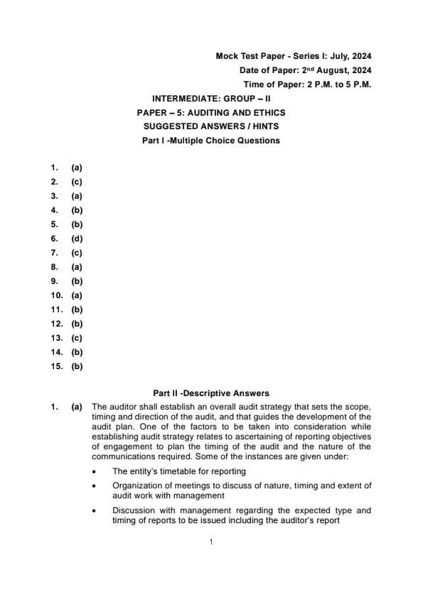 First page of MTP Series 1 02 aug 2024 Auditing and ethics Suggested Solutions/ answers